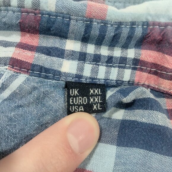Barbour Shirt Mens XL Blue Plaid Linen Blend Button Up Short Sleeve Prep… - Picture 3 of 6